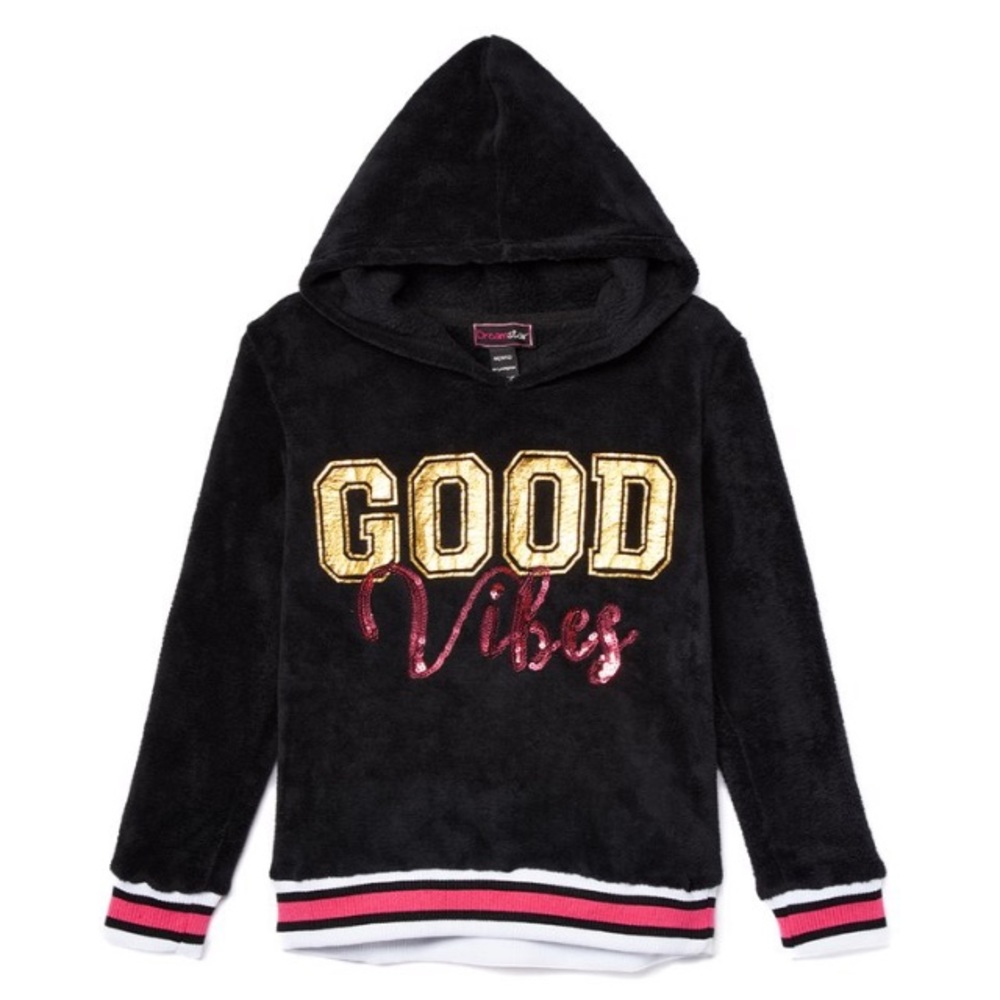 Black sequin accent “good vibes” plush hoodie